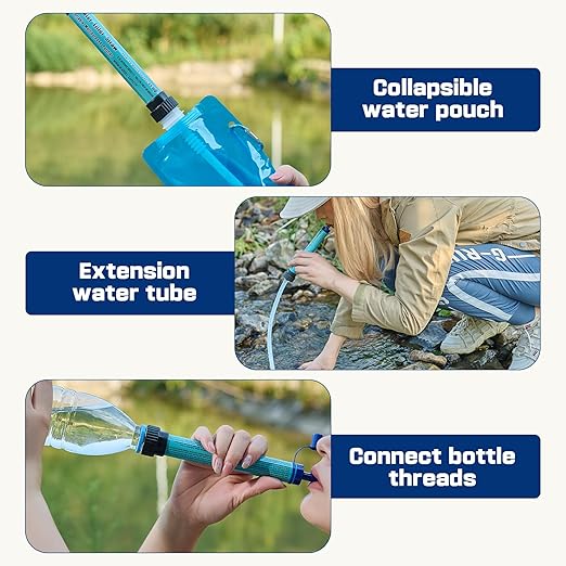 Water Filter Straw Kit Outdoor Portable Personal Water Filter Straw Water Purifier Survival Gear and Equipment for Hiking Camping Travel and Emergency Blue