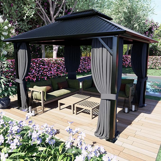 COWVIE 4-Panel 10' x 12' Gazebo Replacement Curtains, Patio Privacy Sidewalls with Double Zipper, Replacement for Outdoor Gazebo Canopy (Curtain Only)