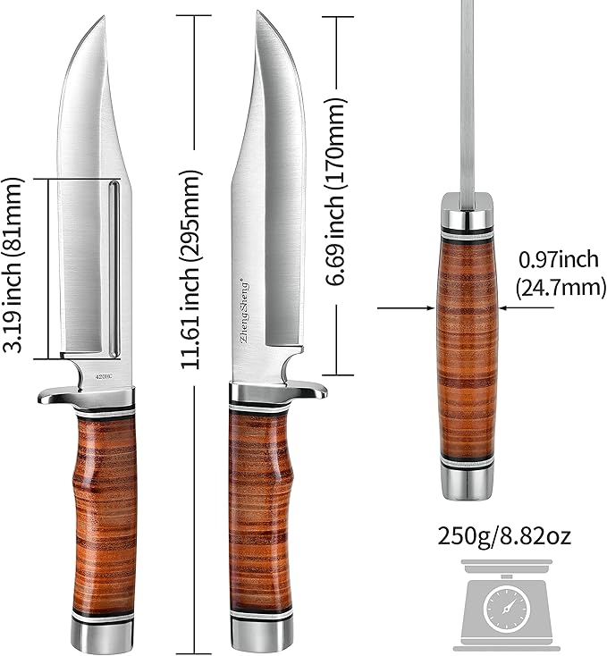 6.7" Fixed Blade Hunting Knife- Genuine Leather Handle Bowie Knives with Sheath Straight Edge for Camping, Hiking, Survival
