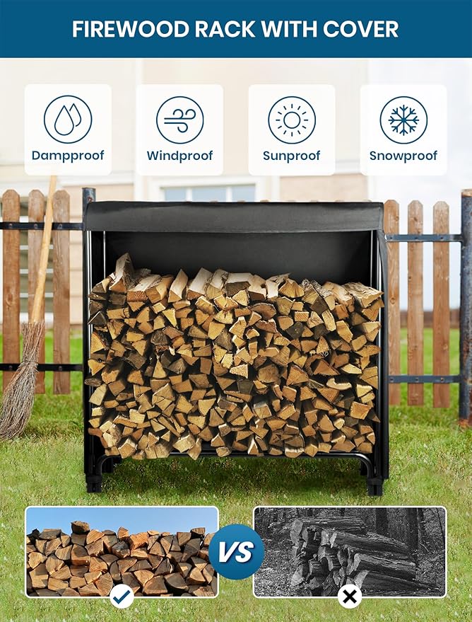 Bettermade Firewood Rack, 4ft firewood rack outdoor with cover for wood storage, Heavy Duty Weather Resistant firewood holder for Outdoor Indoor, Easy to Assemble