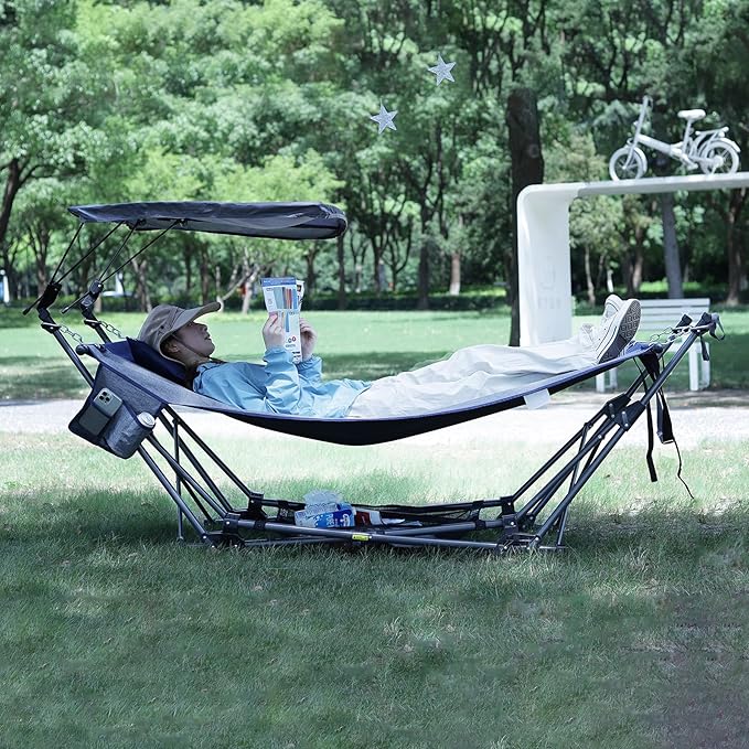 RedSwing Portable Folding Hammock with Stand,Fold Up Hammock with Removable Canopy,Pillow and Storage Net,Foldable Camping Hammock for Adults for Outdoor,Backyard,Beach,Garden,Lawn