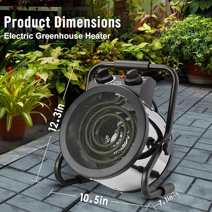 Greenhouse Heater with Digtal Thermostat, 1500W Electric Greenhouse Heaters, Fast Heating with Overheat Protection, Grow Tent Heater for Green House, Outdoor, Patio, Flower Room, Sliver
