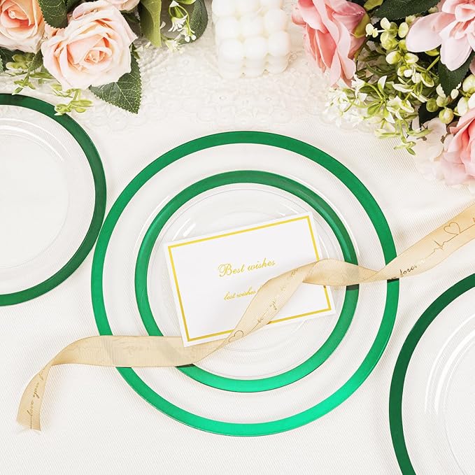 U-QE 200PCS Clear Green Plastic Plates - Green Plates Disposable Heavy Duty- Include 100 10” Dinner and 100 7” Dessert Platos, Perfect for Party, Wedding