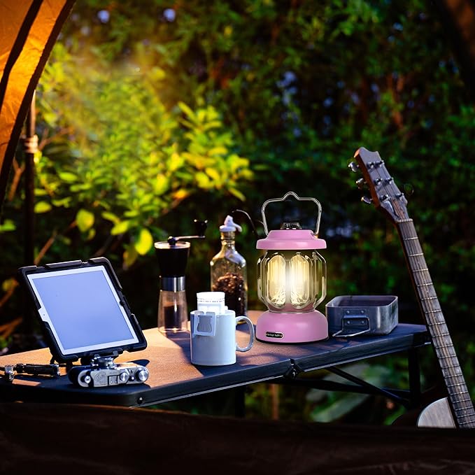 Rechargeable LED Camping Lanterns, 2000mAh Vintage Camping Lights Battery Operated Rechargeable , Hanging Retro Metal Hiking Tent Lamp for Emergency, Hurricane,Decoration,Home,Pink,2 Pack