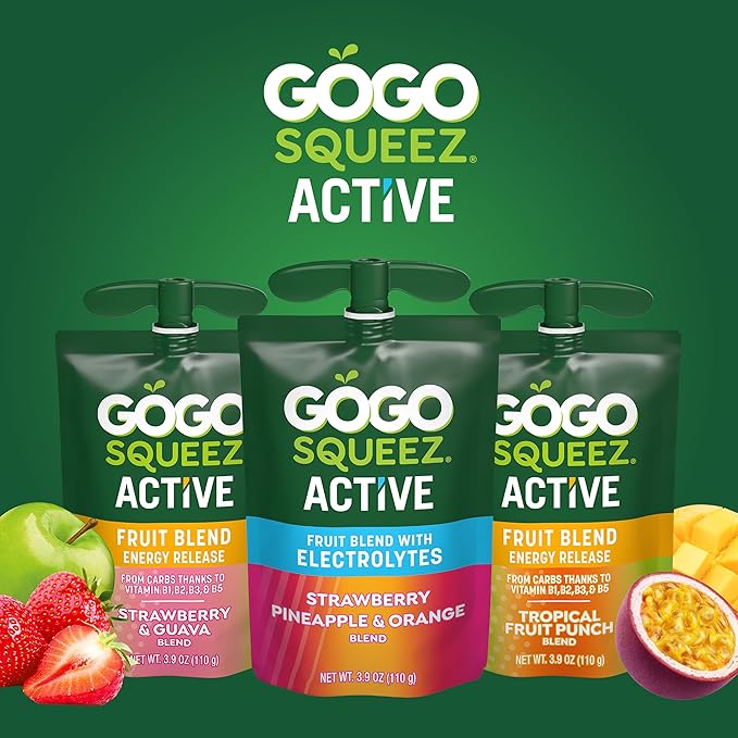 GoGo squeeZ Active Fruit Blend Energy Release|18-Count Variety Pack|Tropical Fruit Punch and Blueberry & Pomegranate|Made with Real Fruit and B Vitamins