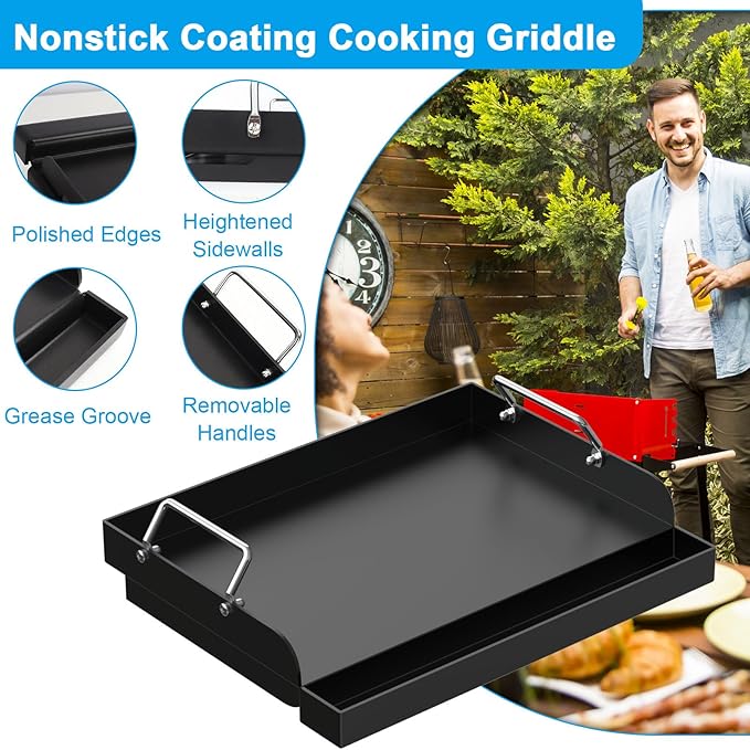 Nonstick Grill Griddle for Most Gas Grill 17" x 13" Universal Flat Top Cooking Plate Insert for Charcoal/Gas/Electric Oven with Grease Groove and Removable Handles
