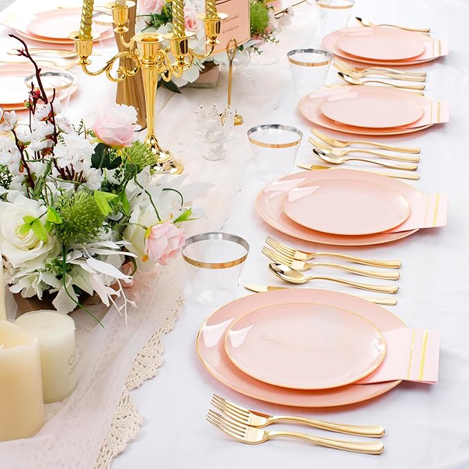 NOCCUR 350PCS Pink and Gold Plastic Plates - Pink Disposable Plastic Dinnerware Set for 50 Guests Include 50 Dinner Plates,50 Dessert Plates,150 Gold Cutlery,50 Cups&50 Napkins for Party&Wedding