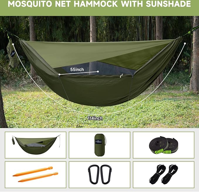 Camping Hammock with Mosquito Net and Sunshade, Backpacking Hammock with Ridge Rope Tree Straps, Lightweight Portable Hammocks for Outside, Hiking, and Travel