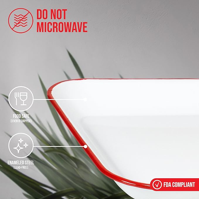 Red Co. 13.5” x 10” Enamelware Metal Classic 1.6-Quart Rectangular Serving Tray, Solid White/Red Rim