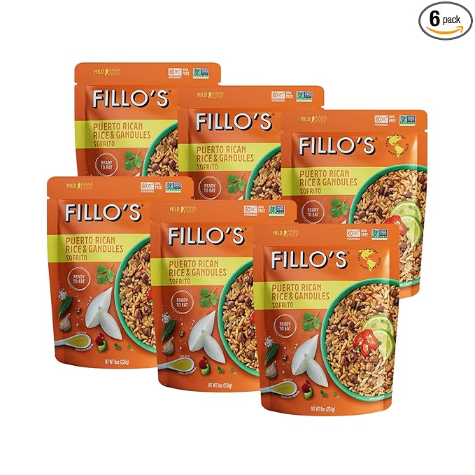 Fillo's Puerto Rican Rice And Gandules - Ready To Eat Rice With Beans, Gluten-Free, Preservative-Free, Microwavable Meals, Non-GMO, Vegan, Plant Protein, 8 oz Pk of 6