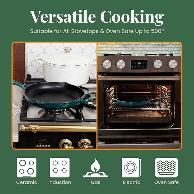 Larder & Vine Enameled Cast Iron Skillet | 10.25 inch Cast Iron Pan | Saute Pan with Pour Spouts | Enamel Coated Cast Iron Skillet | Compatible on All Cooktops & Oven Safe to 500° F | Bondi