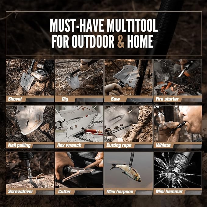 Zune Lotoo Tactical Shovel Survival Tool 15 in 1 Folding Camping Shovel Military Grade High Carbon Steel, E-Tool for Men Hiking Backpacking Off-Road Spade Emergency Outdoor Gear