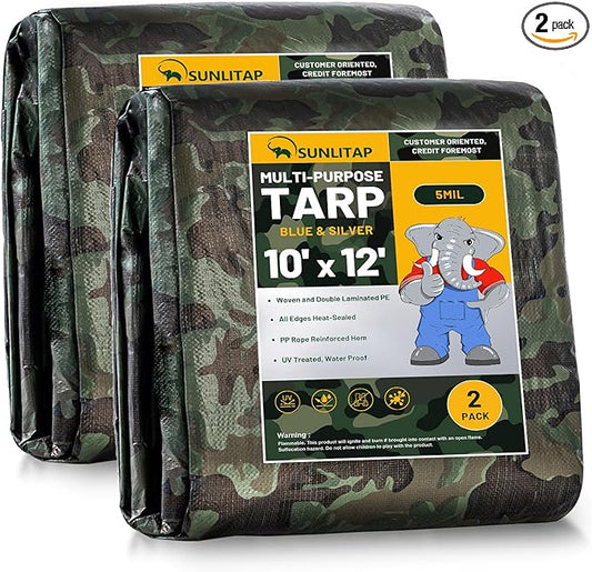2 Pack Camouflage Tarp 10' x 12' Multipurpose Waterproof Tarps, Finished Size Tarp with Grommets Reinforced Edges, 5 MIL Light Duty Tarpaulin for Car, Camping, Boat, Roof, Protective Cover