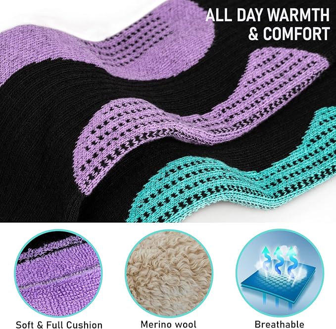 Merino Wool Ski Socks 2 Pairs, Thermal Knee High Warm Socks for Snowboarding, Hiking, Cold Weather, Snow, Hunting