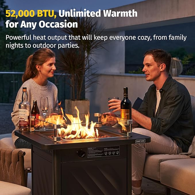 EAST OAK 28โ Outdoor Propane Fire Pit Table | 52,000 BTU Gas Fire Pit for Outside with Easy-Hook Lid, Mesh Pocket & Lava Rocks | CSA Certified | Ideal for Patio, Garden & Backyard | Black