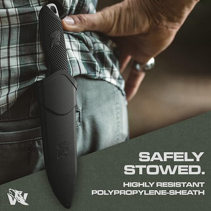 WOLF-I Full Tang Survival Knife with Sheath - Stylish Tactical Fixed Blade - Made of 440C Steel - Bushcraft and Camping Knife Survival - Perfect EDC Outdoor Knife with TPE Handle
