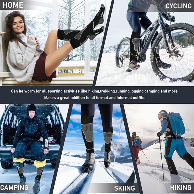 Merino Wool Ski Socks 2 Pairs, Thermal Knee High Warm Socks for Snowboarding, Hiking, Cold Weather, Snow, Hunting