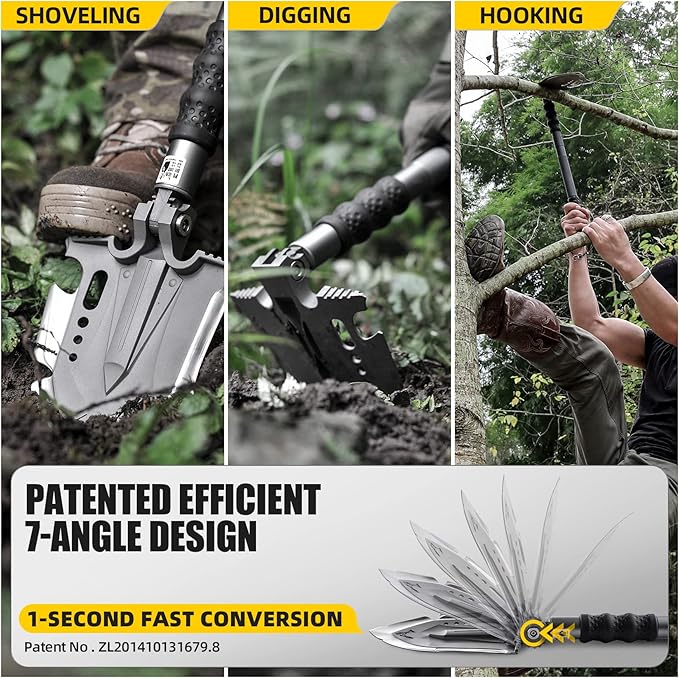 Zune Lotoo Survival Shovel Multitool with Axe, 29 in 1 Unbreakable Tactical Shovel Martensitic Steel kit, Compact Camping Shovel Folding Adjustable 7 Angles for Outdoors Gear Military Tool Gifts