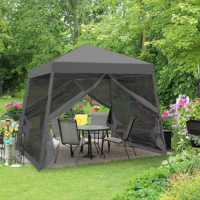 EAGLE PEAK 10x10 Slant Leg Easy Setup Pop Up Canopy Tent with Mosquito Netting 64 sqft of Shade, Gray