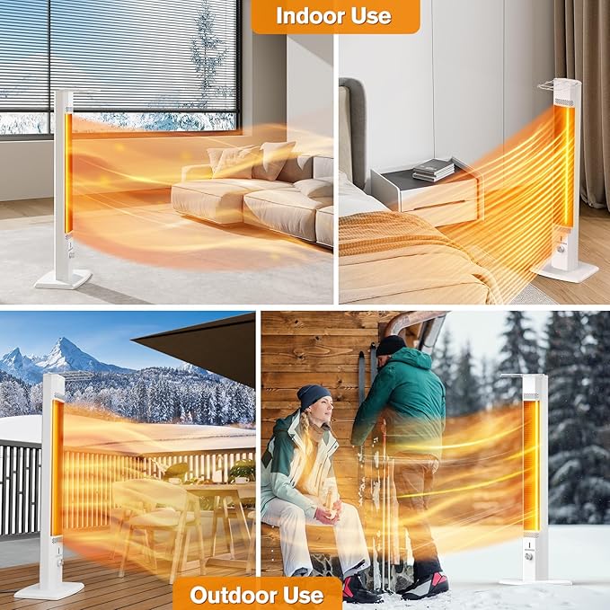 FLOWBREEZE Outdoor Patio Heater, 42in Infrared Heater with Remote, 9 Heat Levels, 9H Timers, Safety Lock, Tip-Over & Overheat Protection, IP65 Waterproof, Portable Electric Heater for Outdoor Use