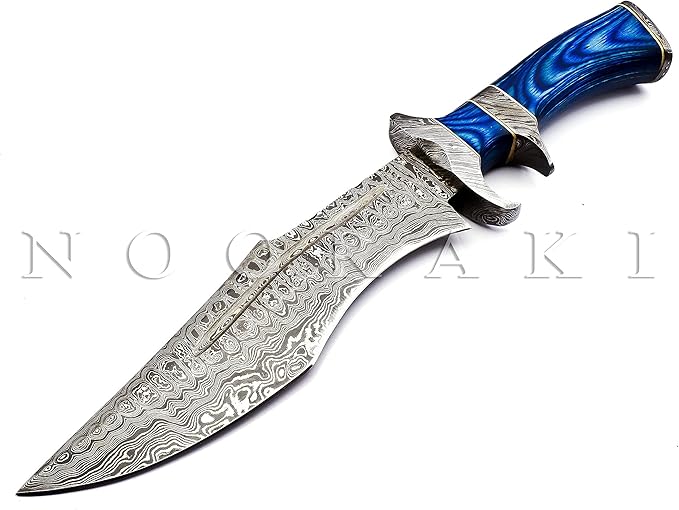 NOORAKI - 15″ Damascus Bowie Knife with Sheath | Hand Made Hunting Knife - Fixed Blade Long Bowie Knives - Ideal for Survival ,Chopping, Camping, Outdoor Gift for Men |Tactical Knife Wood Handle (Blue)