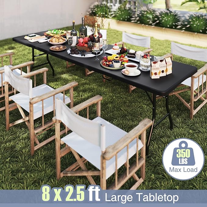 Goplus 8ft Plastic Folding Table, 350 LBS Outdoor Heavy Duty Folding Tables with HDPE Tabletop, Handle, Lock, Foldable Rectangle Portable Utility Card Table for Picnic, Party, Camping, Dining
