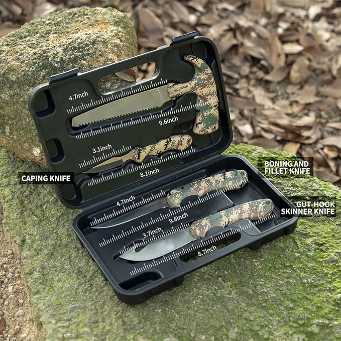 Jellas Hunting Knife Kit, 6 Pieces Stainless Steel Knife Set with Gut Hook, Skinning, Boning, Saw, Gloves & Case for Games, Camping, Fishing, Survival (HF01)