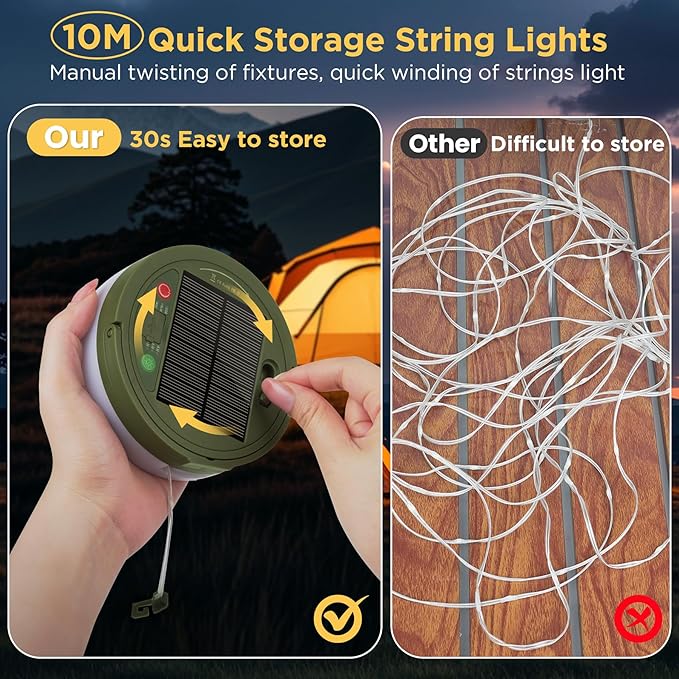 Solar Camping String Lights, 33FT 3000mAh Retractable 4 in 1 Camp Lights with 8 Modes, Portable Rechargeable Camp Lamp, Camping Lamp Outdoor Waterproof, Tent Light for Party, Yard, Hiking