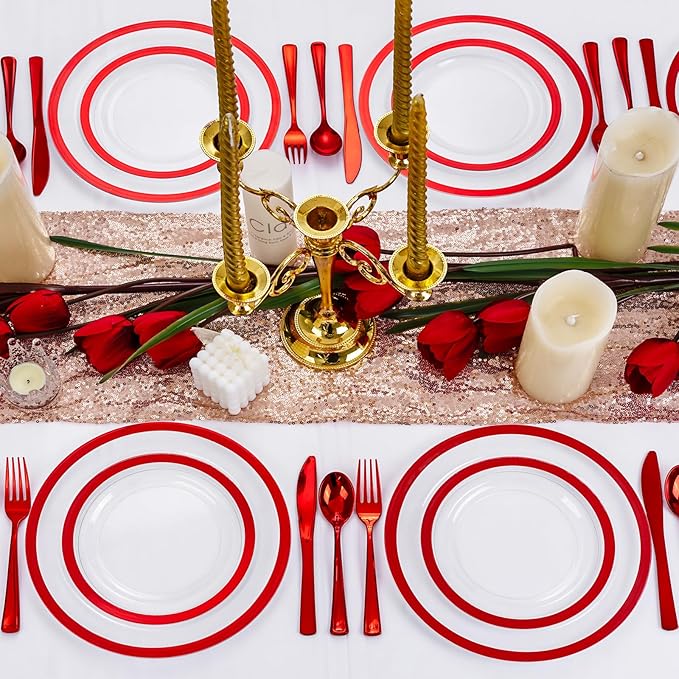U-QE 120PCS Red Plastic Plates - Clear and Red Plate Disposable Heavy Duty - Include 60 10inch Dinner and 60 7inch Dessert Plates for Party, Wedding, Showers, Birthdays