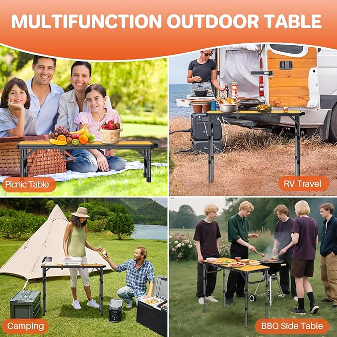 FUNYKICH 3ft Camping Folding Table with 3 Adjustable Height, Portable Picnic Tables, 34.2'' Lx15.7'' W Lightweight Aluminum Outdoor Table with Carry Handle for Camping, Picnic, Backyard, BBQ-Black