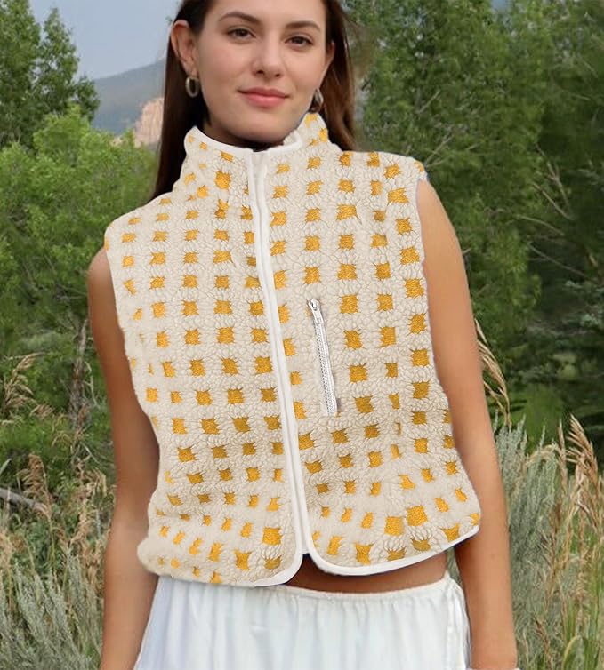 Colorful world Womens Checkered Sherpa Vest Fleece Jacket Lightweight Zip Up Sleeveless Crochet Plaid Gilet with Pocket