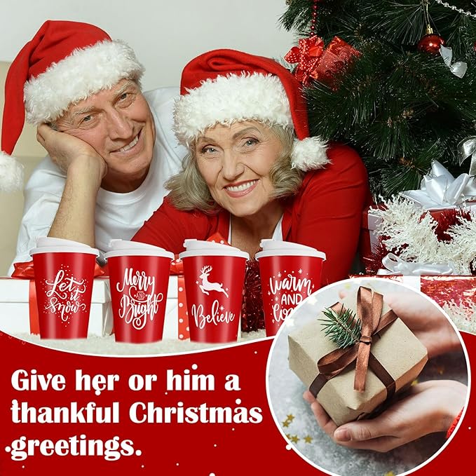 Sliner 20 Pcs Christmas Reusable Coffee Cups with Lids Bulk 12 oz Christmas Plastic Cup Gifts Xmas Drinks Tumblers with Snowflake for Coworkers Family Winter Party Favors (Red)