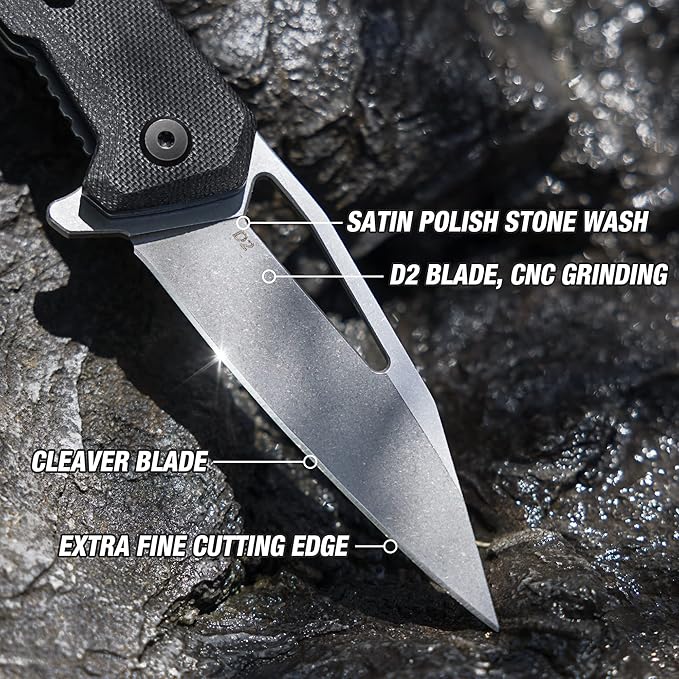 FLISSA Pocket Knife, Folding EDC Knife, 3.25 inch D2 Blade, G10 Handle, Liner Lock, for Outdoors, Hiking, Camping, Black