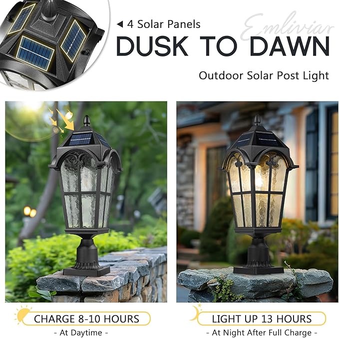 Emliviar Outdoor Solar Lamp Post Light in Black Finish, 22.1" Large Outdoor Lighting with Water Grain Glass Shade for Patio, Vintage Post Lantern LED Bulb Included with Remote Control, YXE302MP-SL BK