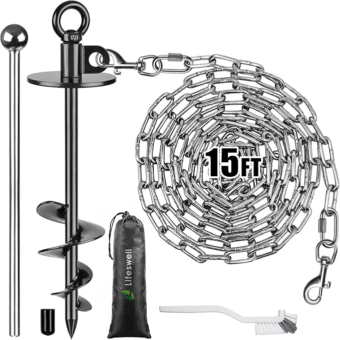 Dog Tie Out Chains and Stake, 15ft Chew Proof Stainless Steel Dog Chains for Outside, 15" Heavy Duty Dog Anchor for Dogs Up to 125lbs, Fully Welded, No Tangle, Ideal for Yard and Camping