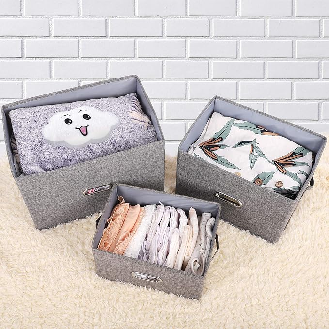 Linen Fabric Collapsible Storage Bins with Removable Lids and Handles, Washable Storage Box Containers Baskets Cube with Cover for Bedroom,Closet,Office,Living Room,Nursery (Coffee, Medium)