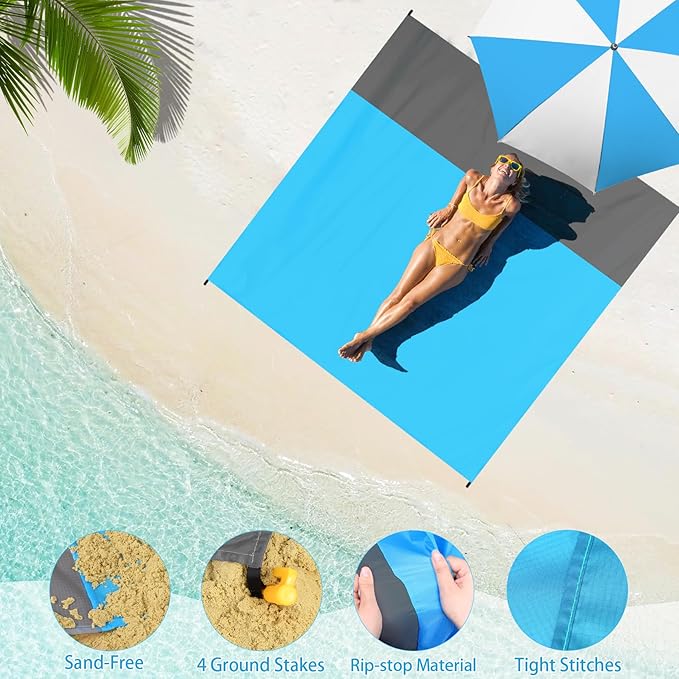 BYDOLL Beach Blanket Waterproof Sandproof 78''ร81'' Suits1-4 Adults Compact Lightweight Oversized Sand-Free Blanket Large Picnic Mat for Beach Travel Camping Hiking