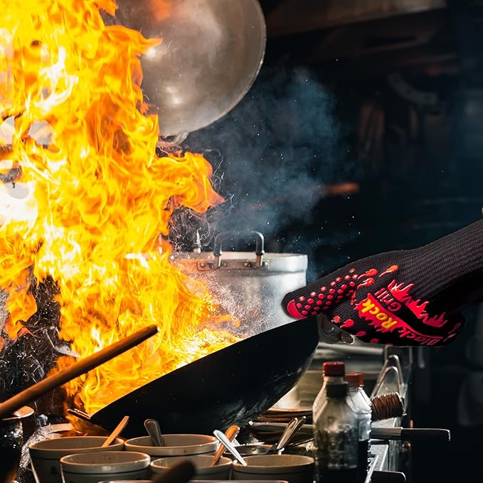 Black Rock Grill Fire & Heat Resistant Cooking Gloves 923F -30cm Silicone Safety Oven Mitts with Fingers- Gloves for Grilling, BBQ, Fireplace, Lava Stones, EN407,EN388, EN ISO 21420 Certified (Large)