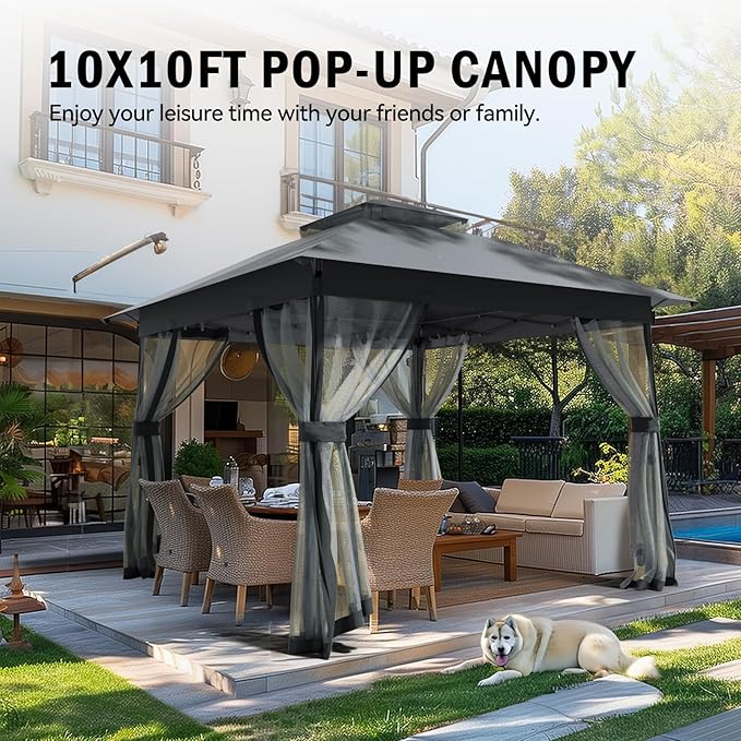 Outdoor Pop Up Gazebo 10x10 - Instant Canopy Tent with Mosquito Nettings, Double Roof Vented Gazebos Tents Shelter for Backyard Shade Party Garden Lawns (Gray, 10x10)