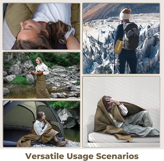 KingCamp Ultralight Camping Blanket, Packable Down Alternative Puffy Wearable Blankets Weatherproof Warm Package Quilt with Snap Buttons for Outdoor Hiking Travel Picnic Stadium (69" x 53", OLIVE)