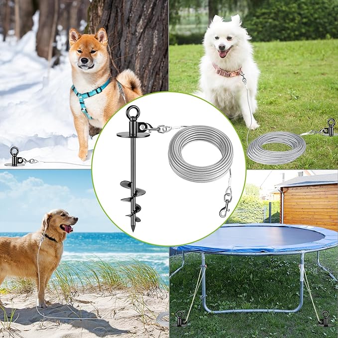 Dog Tie Out Cable and Stake, 50ft Chew Proof Stainless Steel Cable, 15" Heavy Duty Dog Anchor for Dogs Up to 125lbs, No Tangle, Dog Runner for Yard and Camping