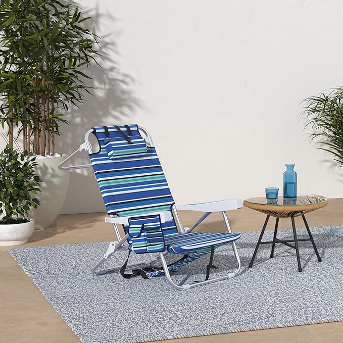 Beach Chairs for Adults Heavy Duty, Compact Portable Lay Flat Folding Chair with Backpack Straps and Large Cooler Pouch, Support to 350LBS (Stripes_Blue&Cyan)