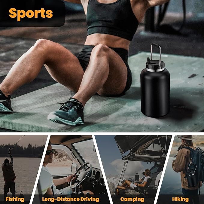 128 oz Insulated Water Jug with Straw Lid and Handle, One Gallon Stainless Steel Large Double Vacuum Water Bottle for Hot & Cold Drinks - Sweat Proof, Great for Travel, Hiking, Camping - Black