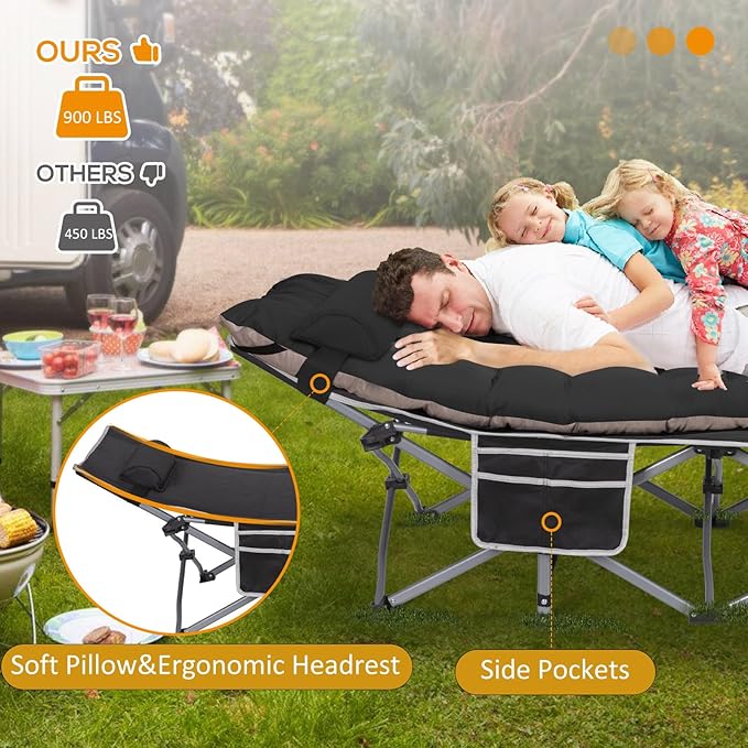 Folding Camping Cots with Pillow & Extra Thick Matress, Cots for Sleeping 900 LBS, Camping Bed for Adults with Cushion, Sleeping Cot (Black)