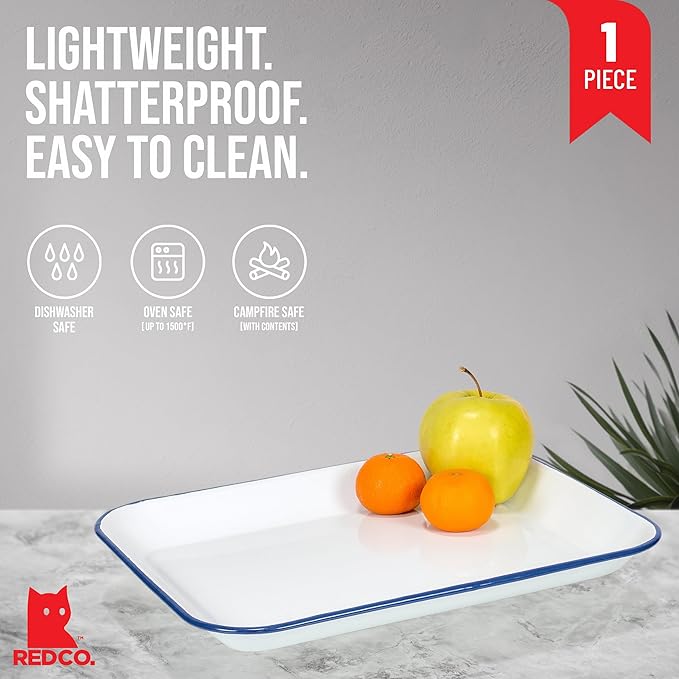 Red Co. 13.5” x 10” Enamelware Metal Classic 1.6-Quart Rectangular Serving Tray, Solid White/Navy Blue Rim