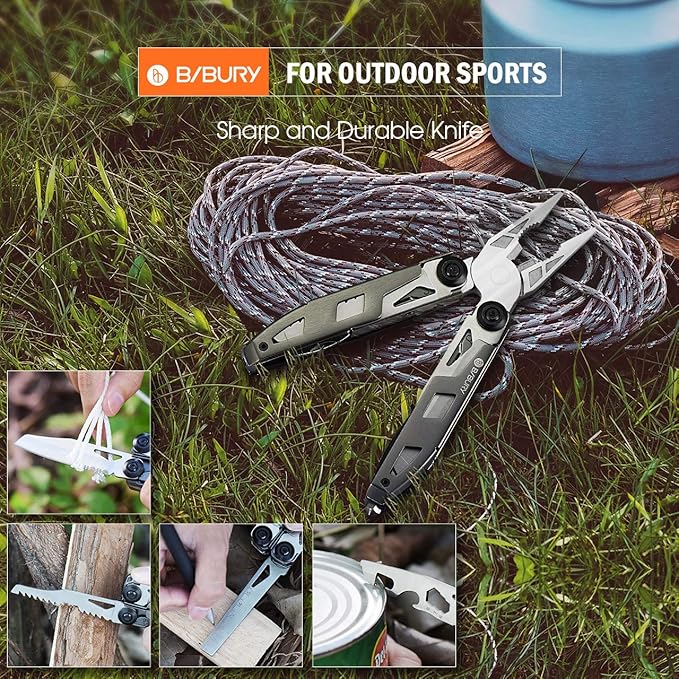 BIBURY Multitool Pliers, 18 in 1 Multi Tool with Titanium-Plated Handle & Safety Hammer, Safety Locking Design Stainless Steel Tool Pocket Knife for Outdoor, Survival, Camping, Hiking, Home Repair