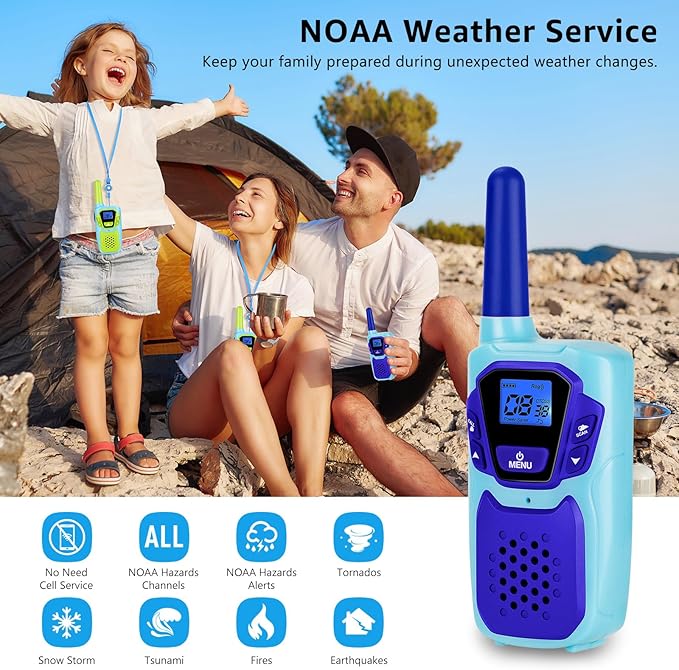 Kids Walkie Talkies 2 Pack NOAA Walkie-Talkies for Adults Rechargeable Long Range 2 Way Radios 4 Miles for Family Camping Hiking Skiing Cruise Ship, Toys for 3-12+ Year Old Girls Boys Toddlers