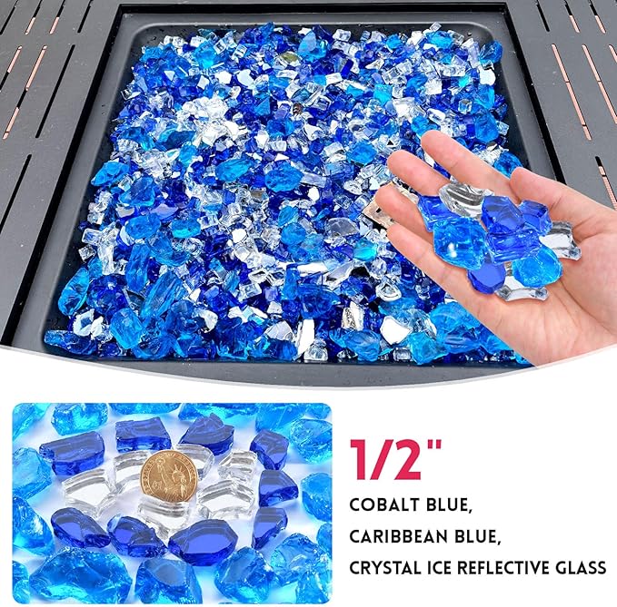 20 Pounds Fire Glass 1/2 Inch High Reflective Tempered Firepit Glass Rocks for Fireplace, Fire Pit Table, Fire Bowl and Landscaping (Cobalt Blue, Oceanic Blue and Crystal Clear)