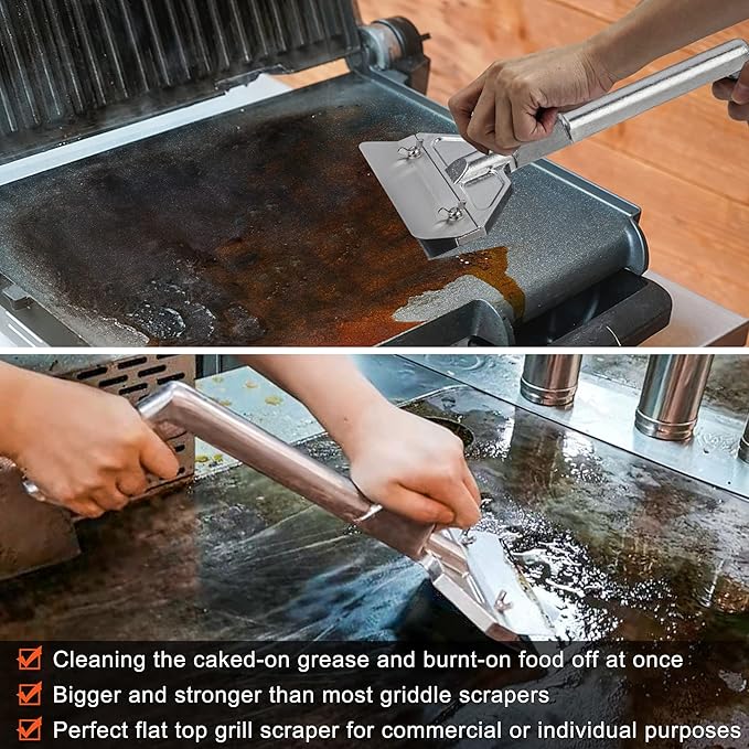 DELFINA Grill Scraper W/ 5 Blades, Heavy Duty Rust Flat Top Grill Accessories with Blade Replacements, Commercial Griddle Scraper Barbecue Grill Cleaning Tool for Restaurants, Bars, Diners