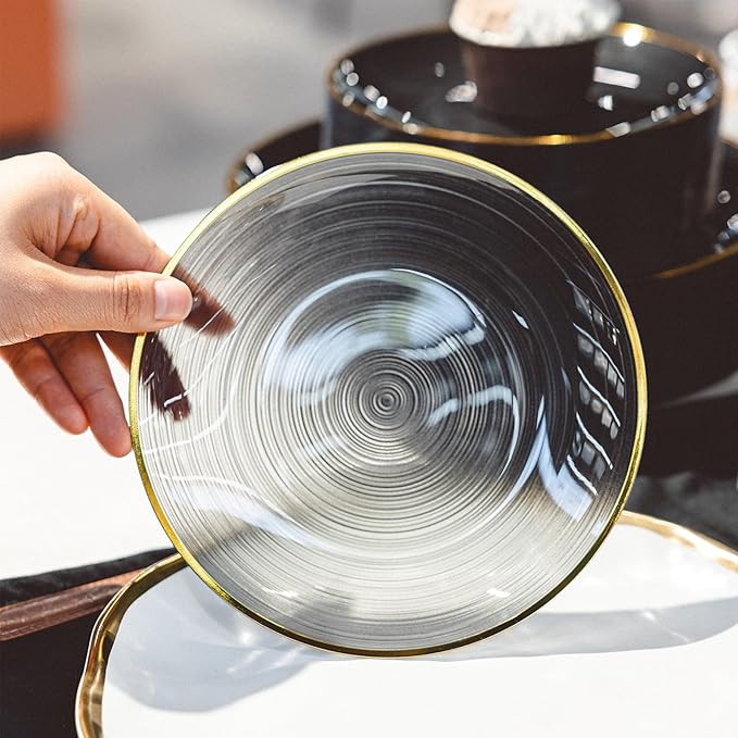 100 Piece Black Gold Plastic Plates, Disposable Heavy Duty Dessert Plates with Gold Rim, 7 in Round Salad Plates for Wedding Party